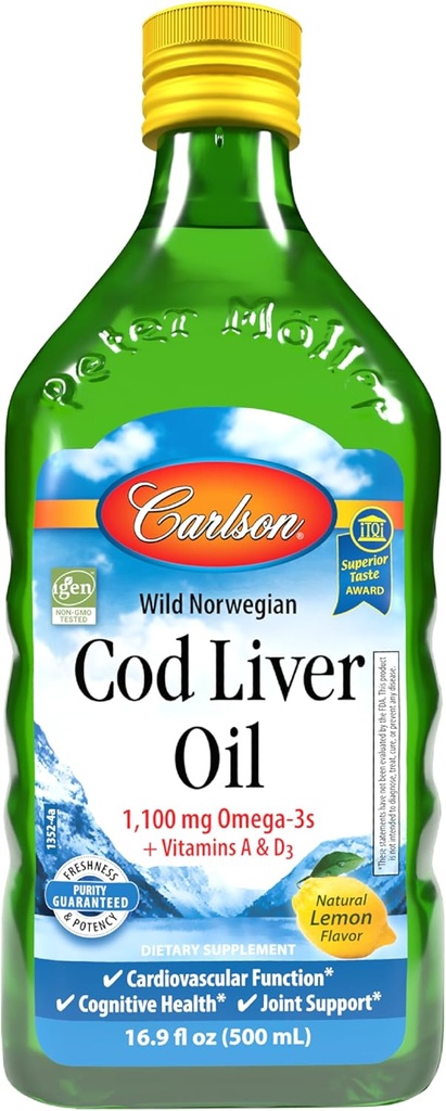 Carlson - Cod Liver Oil 1100 mg Omega-3s Plus Vitamins A & D3, Wild Caught Norwegian Arctic, Sustainably Sourced Nordic Fish Oil Liquid, Lemon, 500 mL (16.9 Fl Oz)