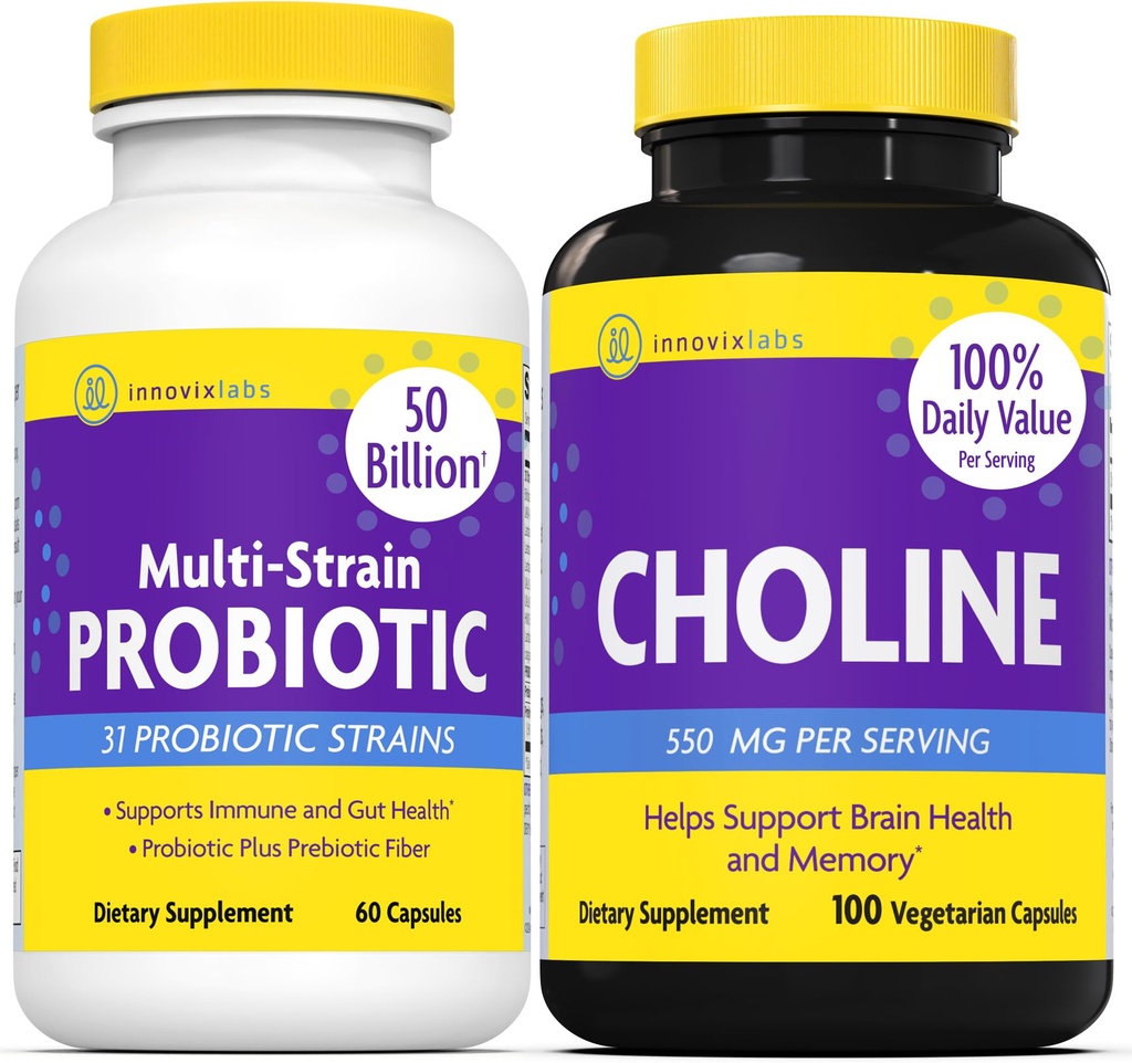 InnovixLabs Choline & Multi Probiotic Bundle Choline Bitartrate 550mg (100 cápsulas) Multi Strain Probiotics (60 cápsulas). Soporta Memoria, Mood, Brain Health " Boost Cognitive.*