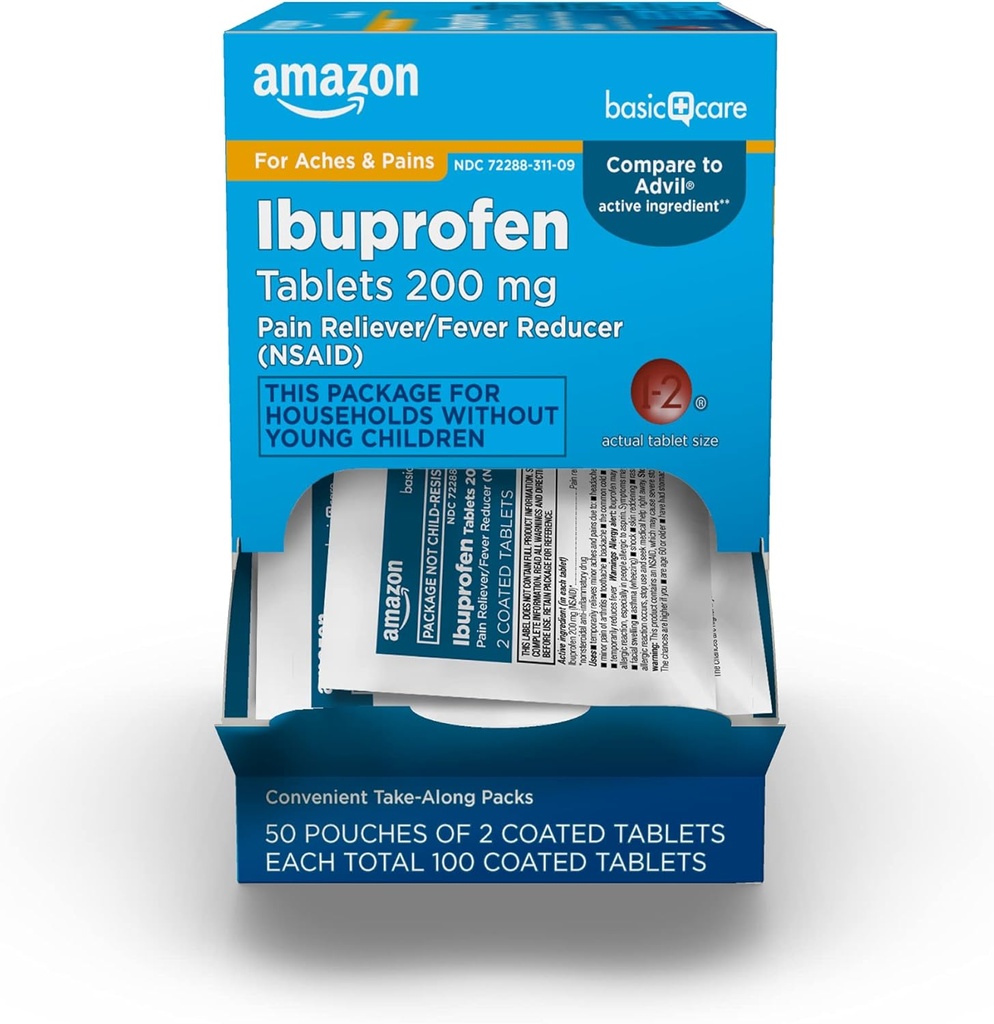 Tablas de Ibuprofeno de Atención Básica, 200 mg, Alimentador de Dolor y Reductor de Fiebre, Para Dolor de Cabeza, Aches Musculares, Artritis, Dolor y Más, 100 Cuenta (Pack of 1)
