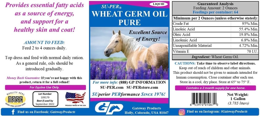 SU-PER Aceite de Germ de Trigo Puro para Caballos - Apoya Energía, resistencia, resistencia, piel sana y carne - ácidos grasos esenciales, vitaminas y minerales - 1 Gallon + Bomba, 4 Month Supply