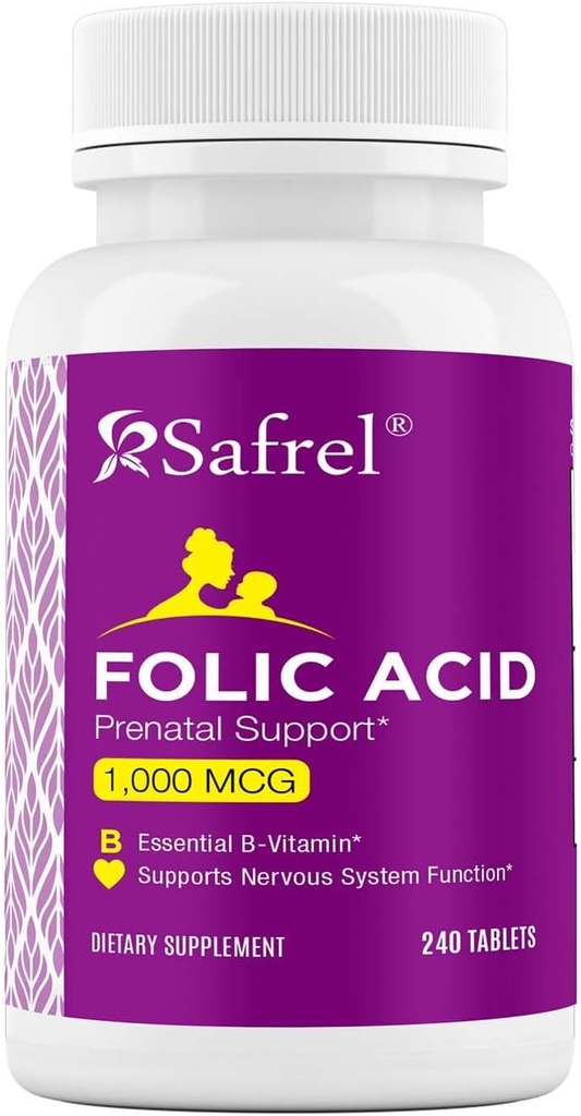 Safrel Folic Acid 1000 mcg (1 mg) - Vitamina B9-240 Tabletas, Vitamina Prenatal y Postnatal Esencial para el Desarrollo Fetal, Producción de Células Rojas, Desarrollo Celular y Neural