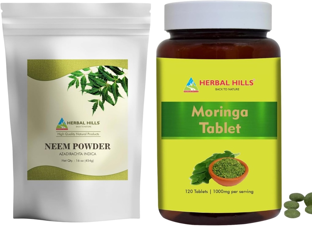HERBAL HILLS Neem Leaf Powder and Moringa Tablets Shigru Pack of 2 Combo