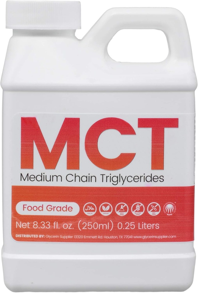 MCT Oil - 250mL (8.33 Oz.) Rendimiento de palma sostenible - USP Food Grade - Non GMO - Halal - para la nutrición deportiva, Keto o Paleo Diet, Energía limpia, Extractos