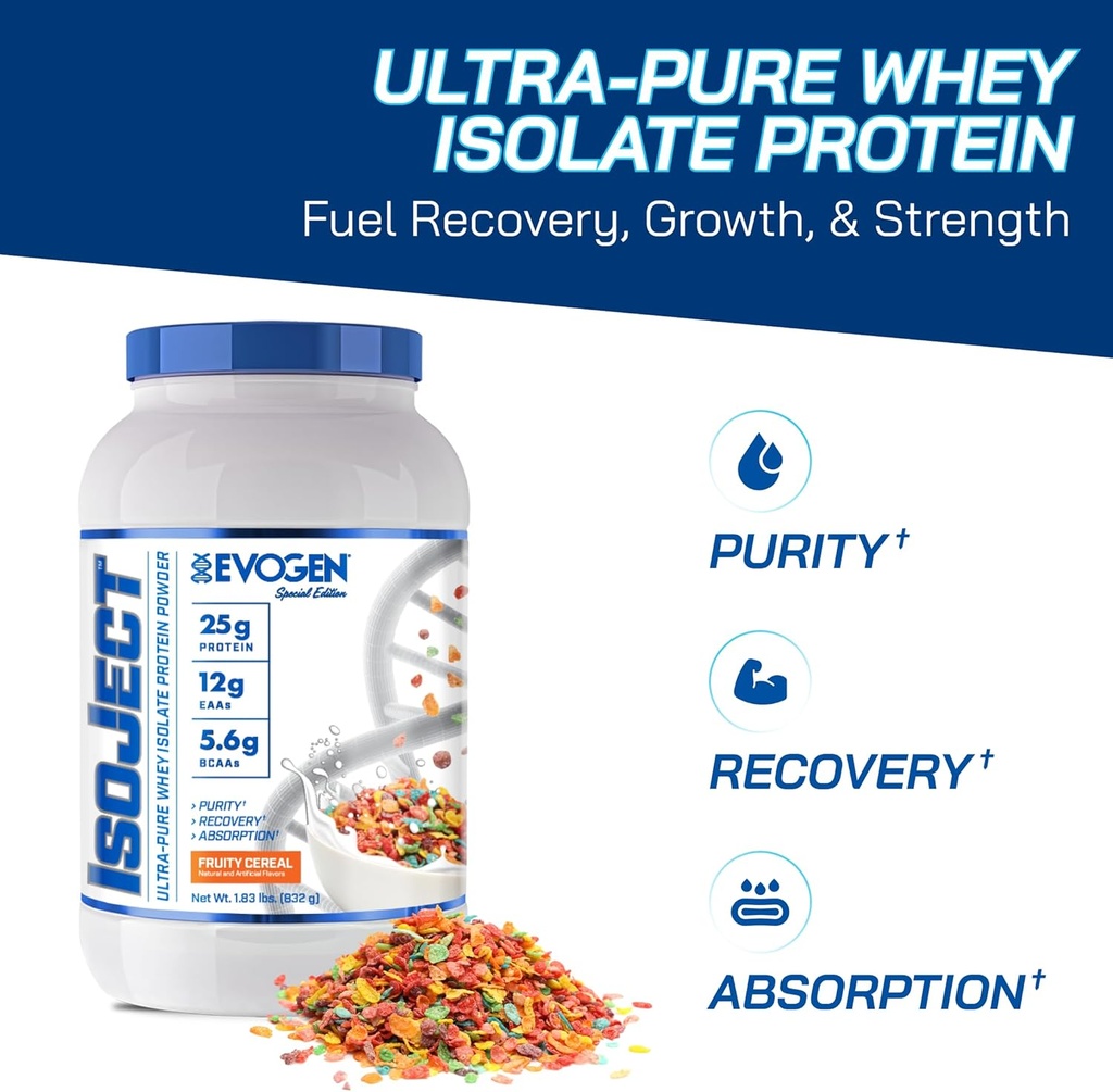Evogen Isoject - Whey Protein Isolate ← Ultra-Pure Whey Protein Powder with Ignitor Enzymes, BCAAs, and EAAs ← Enhanced Absorption " Recovery TEN Fruity Cereal TEN 26 Servings