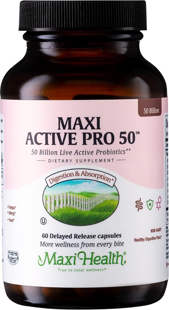 Maxi Health Probiotic Plus Ultimate Prebiotic Advanced Live Probiotics Fórmula - 50 Billion Live Active Probiotic - 15 Strains - Ultra Protection - Active Pro-50-60 Count