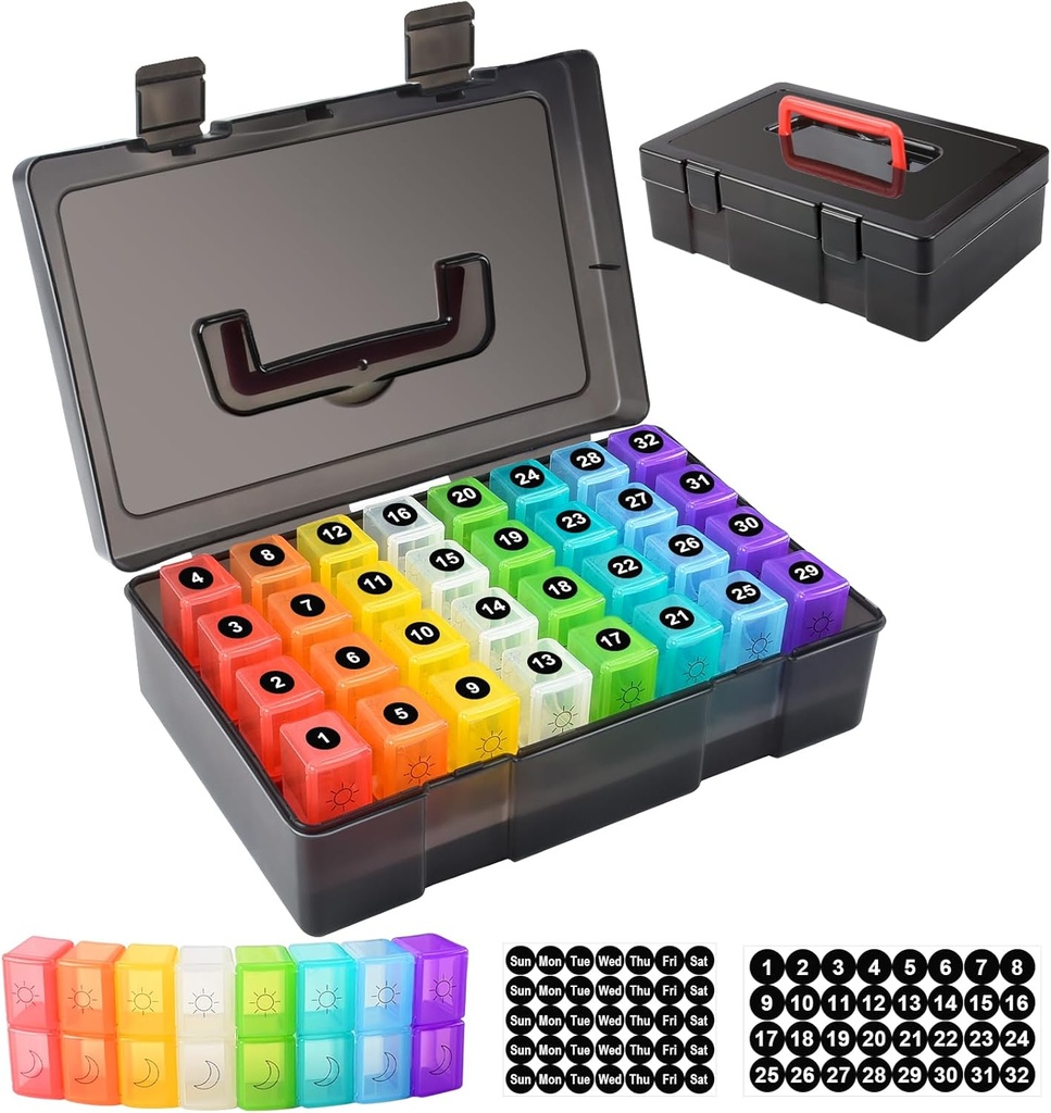 ZRFMIB Monthly Pill Organizer 2 Times a Day, 30 Day Pill Organizer with 32 Daily Pill Box and Travel Case, for Medicine, Vitamin, Fish Oil, Supplements, Black
