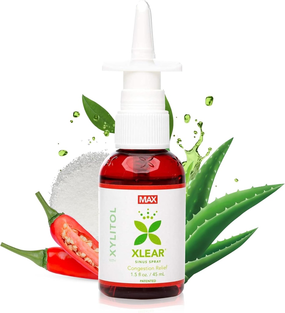 Xlear MAX Natural Xylitol Saline Nasal Spray con Capsicum y Aloe - Actuación rápida para la presión de Sinus, Decongestant, Dolor de cabeza, nariz seca, 1,5 oz (Pack de 1)