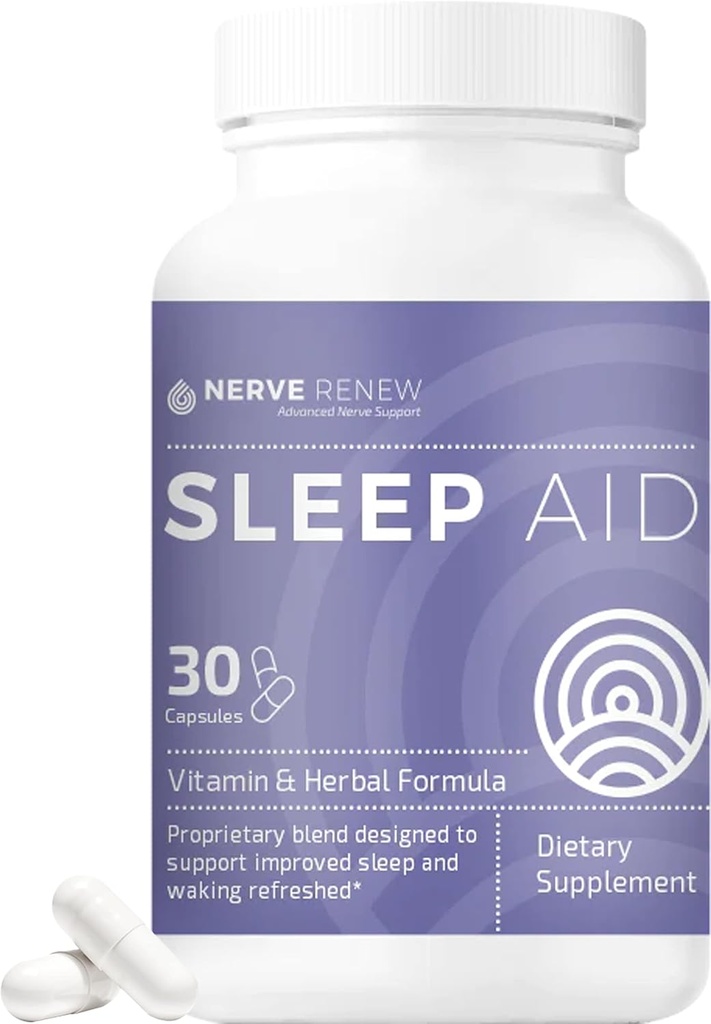 NERVE RENEW Sleep Aid - Suplemento dietético para un mejor sueño - 30 cápsulas - Funciona rápido - Gentle All-Natural Herbal and Vitamin Formula with Melatonin, Magnesium, Zinc, Amino Acids, Herb Extracts