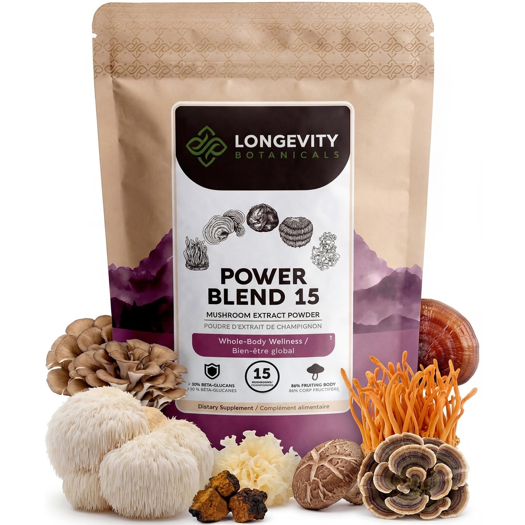 Power 15 Powder Mushroom Blend Suplemento 100g ← High Strength Extract Complex ← Lions Mane, Turquía Tail, Cordyceps, Reishi, Chaga & Tremella ← 20% Beta-D Glucans  durable Immunity &amp; Vitality Support