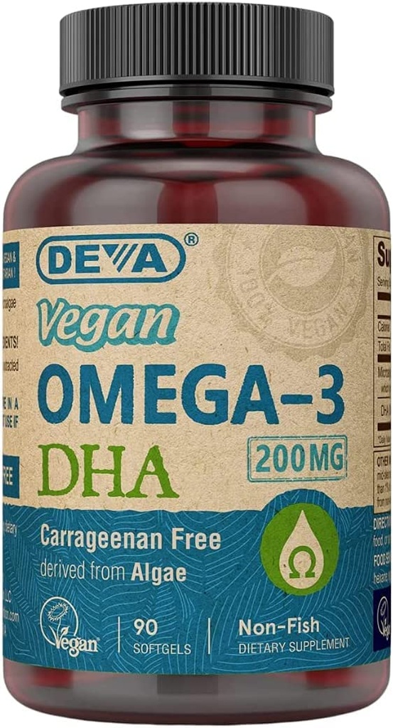 DEVA Vegan Omega-3 DHA Suplemento, Once-Per-Day Softgel 200 MG, Carrageenan Free, Gelatin Free, Non-Fish, Algae Oil, Omega-3 Fatty Acids - 90 Softgels