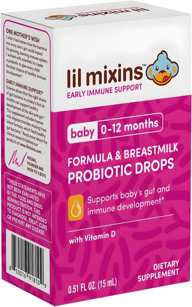 Lil Mixins Feeding Probiotic Drops for Baby Silencio for Immune Support, Digestive & Gut Health ← Lactobacillus Rhamnosus HN001 &amp; B Infantis TEN 15mL, 1 Mes de Suministro