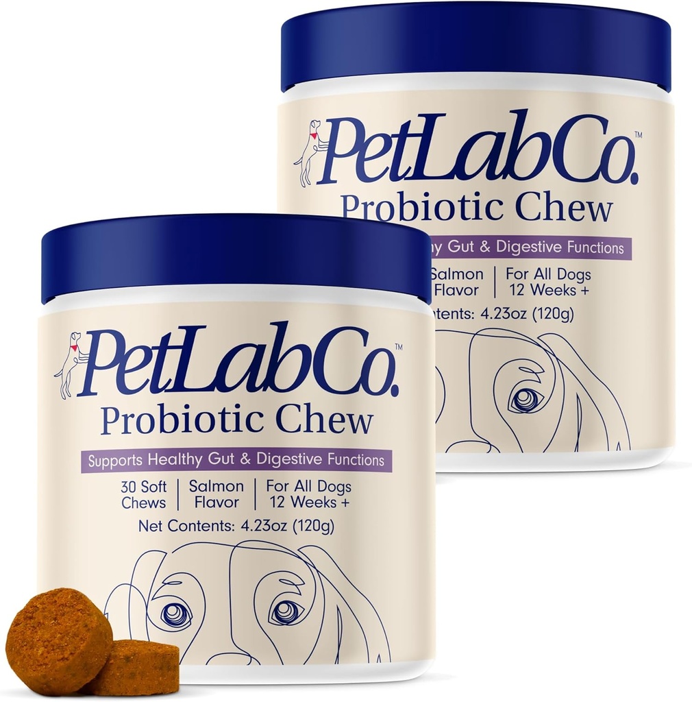 PetLab Co. Probióticos para perros, Asistencia Gut Health, Diarrea Ocasional, Salud Digestiva " Alergías Estacionales - Salmon Flavor - Embalaje Mayo Vary - 30 Soft Chews Pack of 2
