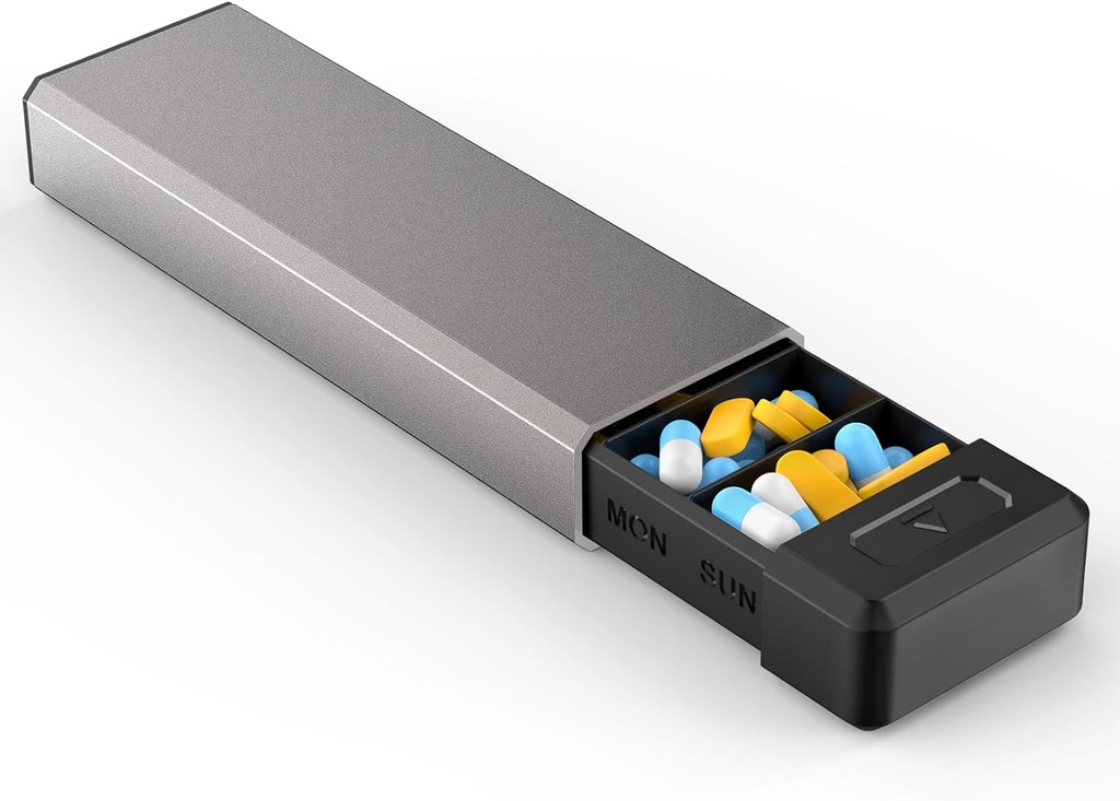 Organizador de píldoras HEIYING con cáñamo de aluminio para una semana Capacidad, Portable 7 piezas Contenedor de la caja de píldoras para mantener vitamina, medicina, suplementos