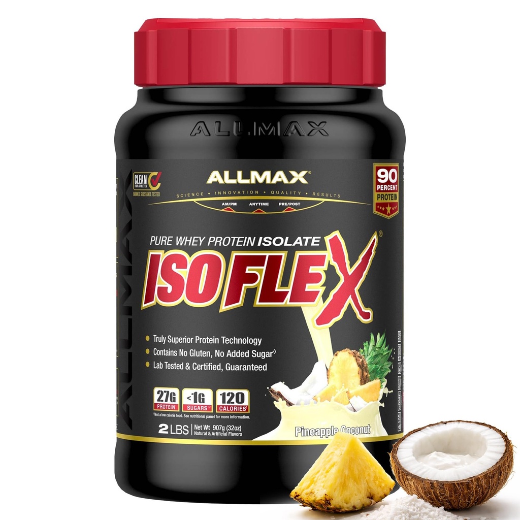 ALLMAX Nutrition ISOFLEX Whey Protein Isolate, Pineapple Coconut - 2 lb - 27 Gramos de Protein Por Scoop - Zero Fat & Sugar - 99% Lactose Gratis - Gluten Free &amp; Soy Gratis - Aproximadamente 30 Servimientos