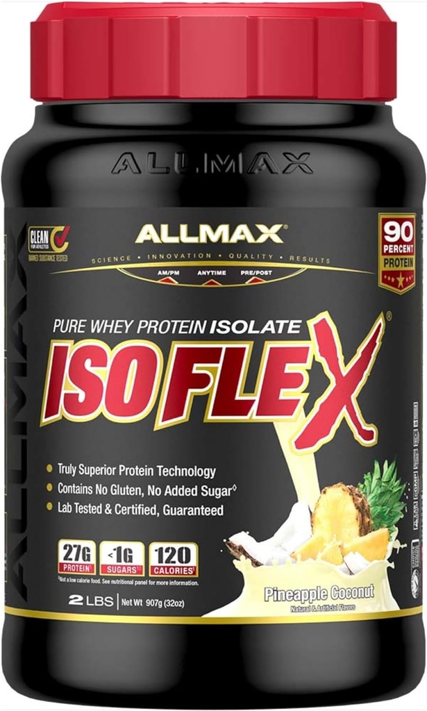 ALLMAX Nutrition ISOFLEX Whey Protein Isolate, Pineapple Coconut - 2 lb - 27 Gramos de Protein Por Scoop - Zero Fat & Sugar - 99% Lactose Gratis - Gluten Free &amp; Soy Gratis - Aproximadamente 30 Servimientos
