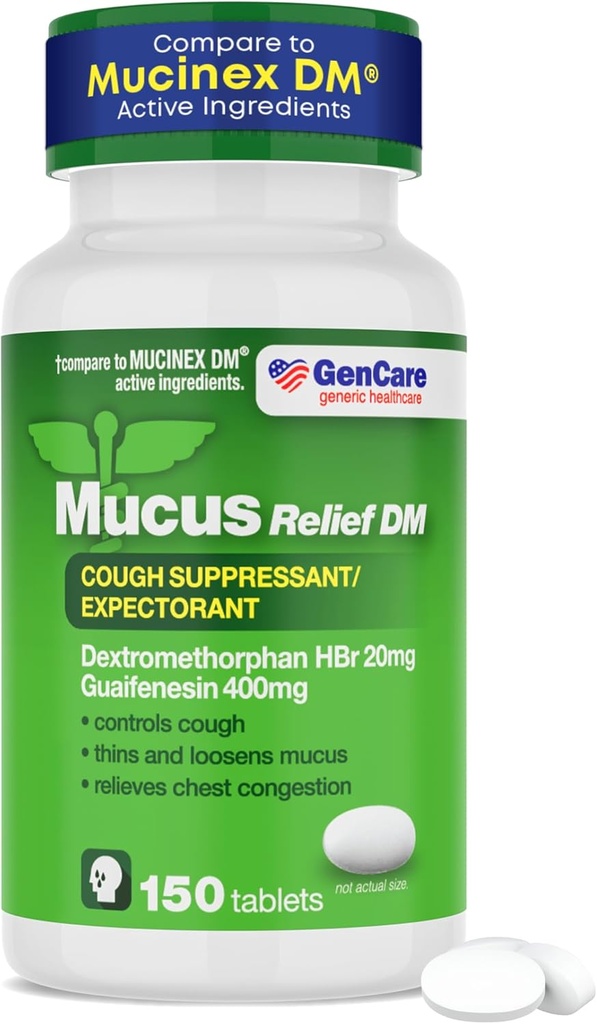 GenCare - Mucus Relief DM (150 Contable Value Bottle) Dextromethorphan HBr 20mg Guaifenesin 400mg ← Genérico Mucus Relief DM ← Inmediatamente Liberación Tos Uncoated &amp; Mucus Expectorant Pill