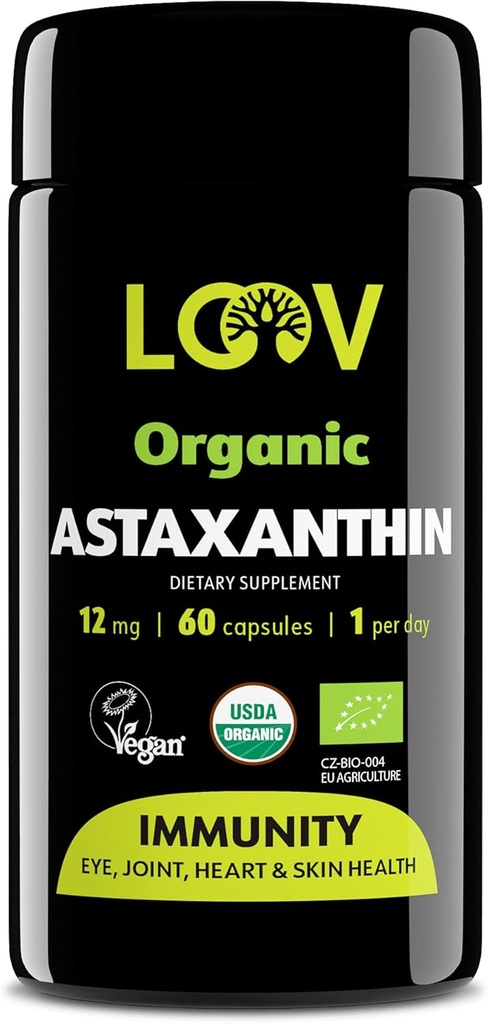 LOOV Natural de Astaxanthin orgánico 12mg – 60-Day Supply – Max Strength Antioxidant – Eye, Joint, Skin, Immunity – from Microalgae – Non-GMO, Vegan, Sustainable