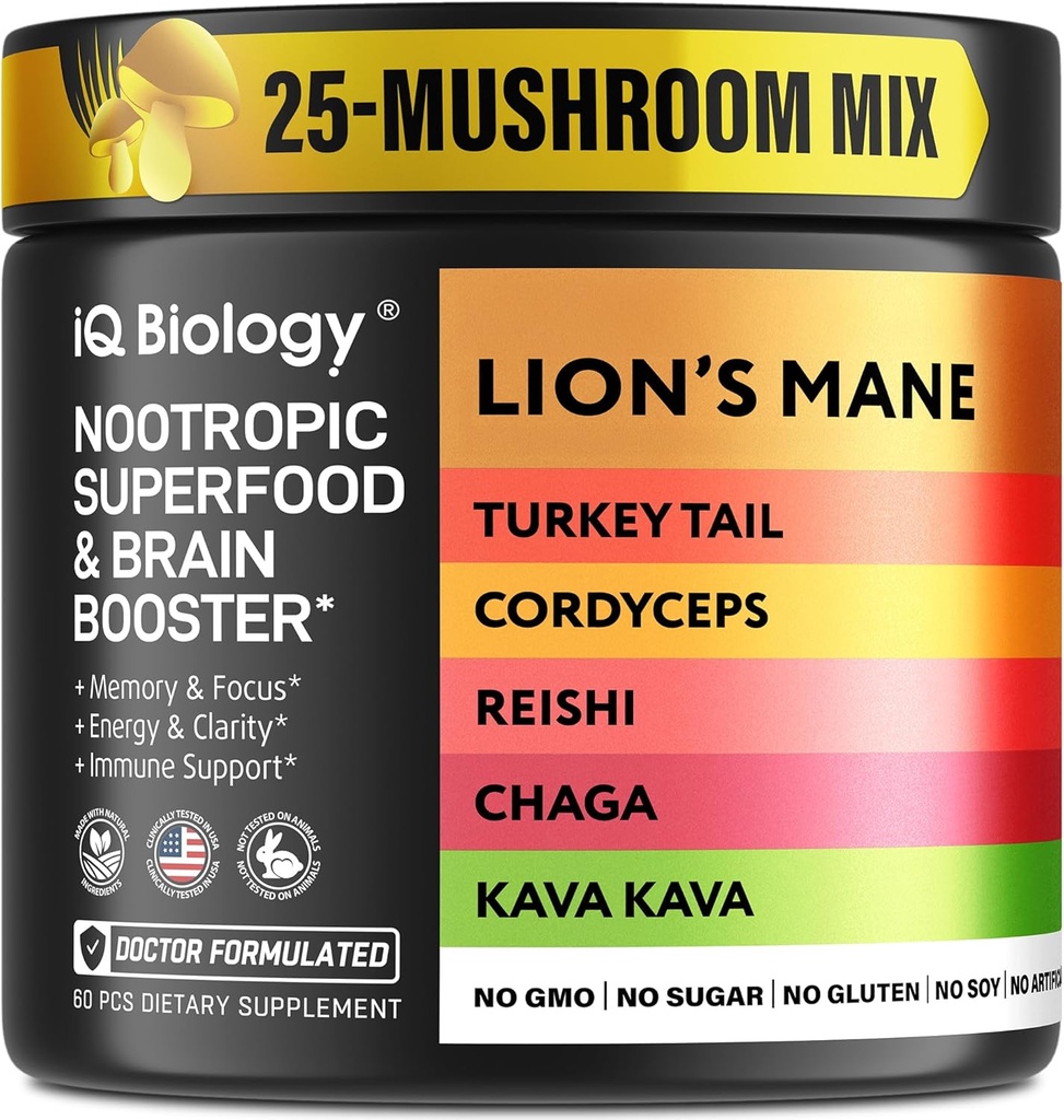 Kava Kava Root Cordyceps Lions Mane Reishi Mushroom Supplement, Nootropic Mushrooms Capsules Kava Kava Extract, Mushroom Vitaminas para Mujeres, Ashwagandha, Magnesium - 60 Caps (1 Pack)