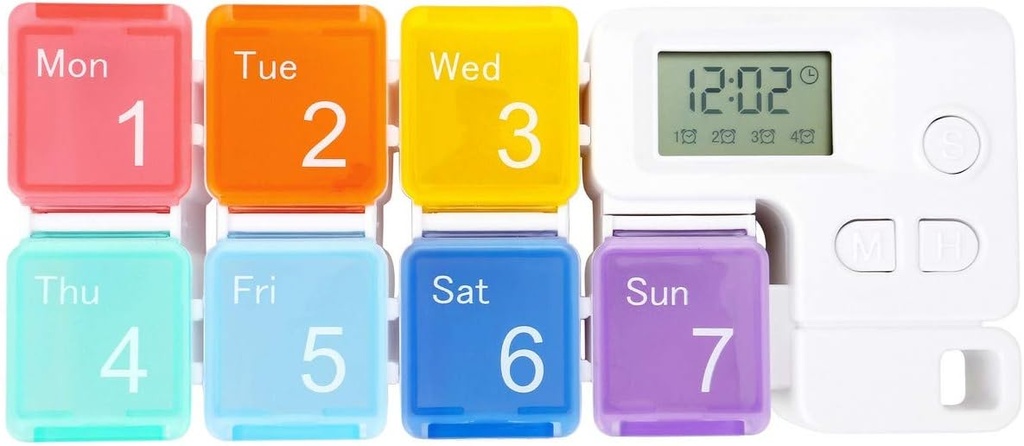 7 Días Dispensador de píldoras Organizador con Alarma Recordatorio - CozyCabin Portable Travel Vitaminas Caja de Medicina (Rainbow)