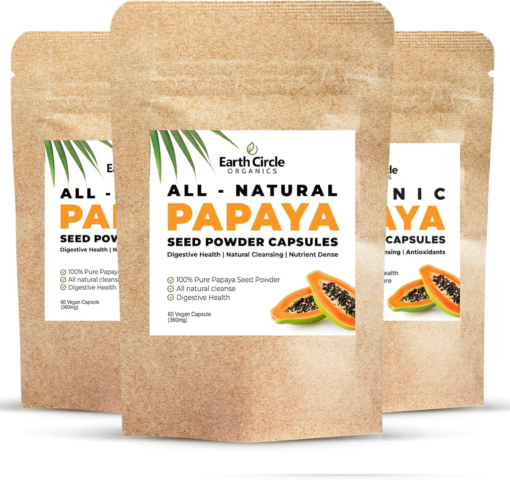 Papaya Seed Powder Capsules – Powerful Papain Supplement with Vitamins A, C, " E " Enzymes for Digestion " Gut Health – 360mg/Serving – 60 Vegan Capsules per Pack (Pack of 3, 90-180 Day Supply)