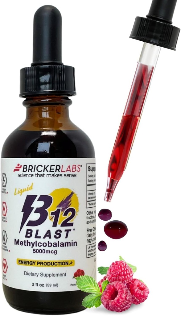 Bricker Labs B12 Blast Methylcobalamin 5000mcg, Great Tasting Sublingual Liquid Energy Vitamins -Vegan B12 Vitaminas, Sustained Energy and Cellular Health Supplement - 59-Day Servings