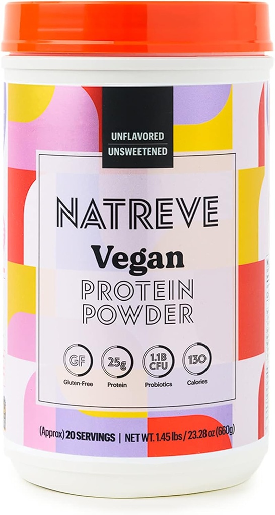 Natreve Vegan Protein Powder - 25g Plant Based Protein Powder with Probiotics and Amino Acids - Gluten Free &amp; Unflavored, 20 Servings