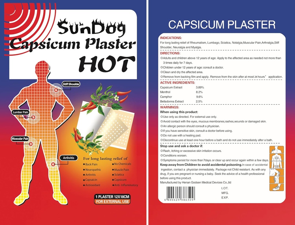 SunDog Natural Pain Relief Patches (10 Pack) - Extra Large, No Chemicals, 24hr Long-Lasting - Capsaicin + Menthol Therapy for Back Pain, Muscle Soreness, Arthritis - Premium Hot &amp; Cold Patches