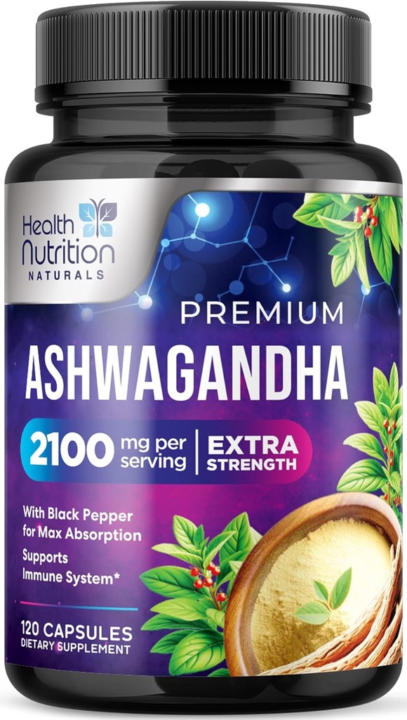 Suplementos de Ashwagandha - 2100mg Cápsula de Ashwagandha para Hombres de Mujeres, Apoyo Antioxidante Natural, Extracto de Ashwa Root, Apoyo a la calma de fuerza extra con Pepper Negro, Vegan &amp; Gluten Gratis - 120 Cápsulas