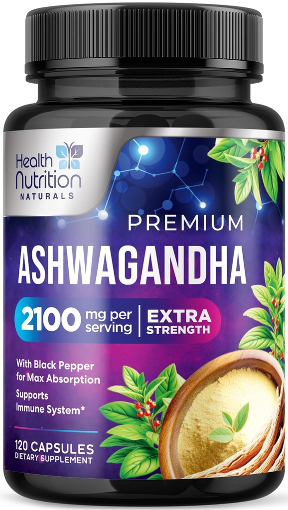 Suplementos de Ashwagandha - 2100mg Cápsula de Ashwagandha para Hombres de Mujeres, Apoyo Antioxidante Natural, Extracto de Ashwa Root, Apoyo a la calma de fuerza extra con Pepper Negro, Vegan &amp; Gluten Gratis - 120 Cápsulas
