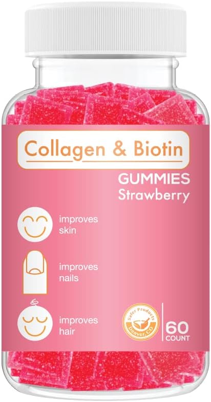 Collagen Biotin Gummies - Soporta Pelo, Esquía & uñas Crecimiento del cabello Anti envejecimiento Cuidado de las vitaminas Gummy Chewable, Vegan, No GMO, Gluten Gratis, Gelatin Strawberry Flavor 60 Conde, Rosa
