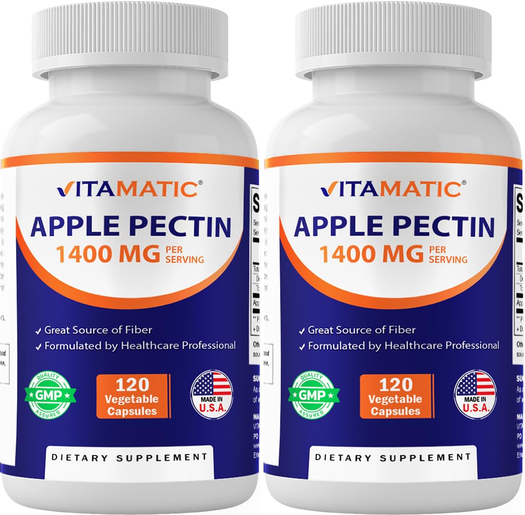 Vitamatic Apple Pectin 1400 mg per 2 Capsules – 120 Vegetarian Capsules per Bottle | 2-Pack (240 Vegetarian Capsules) Natural Dietary Fiber Supplement – Supports Digestive Health & Regularity*