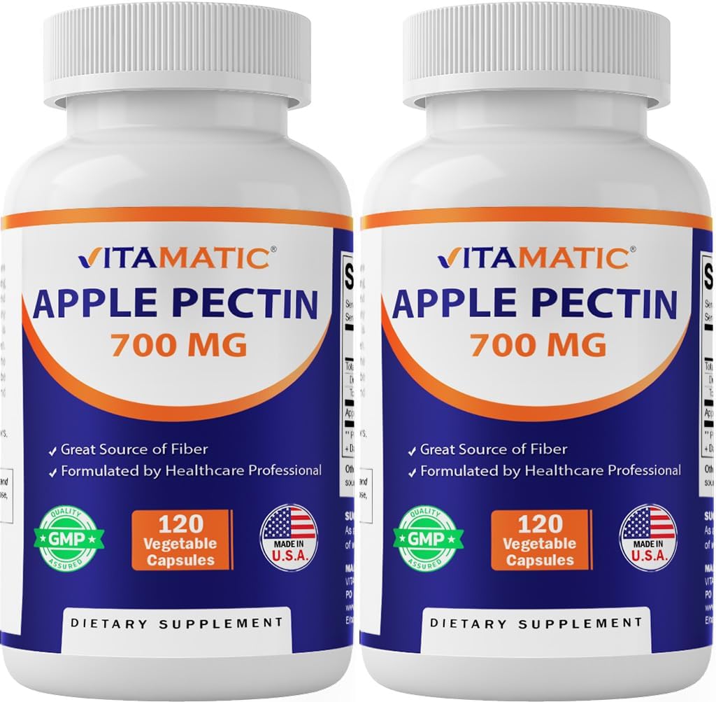 Vitamatic Apple Pectin 700mg – 120 cápsulas vegetarianas por botella ← 2-Pack (240 cápsulas vegetarianas) Suplemento de fibra dietética natural – apoya la salud digestiva y la regularidad*