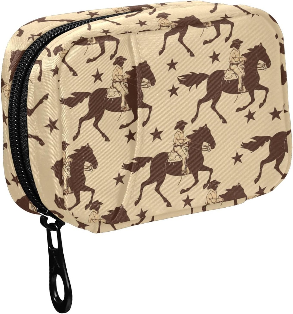 Fustylead Brown Western Running Cowboy Horse and Stars Silhouette Pill Organizer for Purse, Weekly Portable Pill Box with Zipper to Storage Vitamins Fish Oils Medications Suplementos