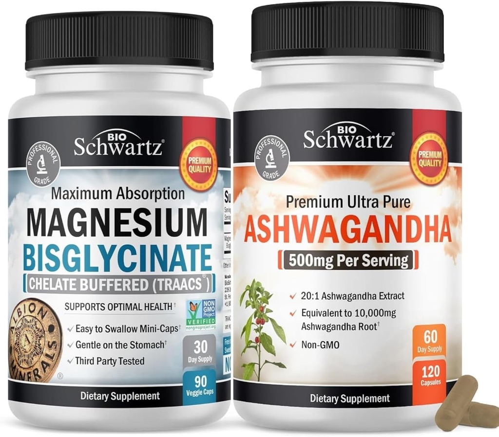 Extra Strength Ashwagandha Capsules (2 Mes de Suministro) Plus Alta Absorción Magnesio Bisglycinate Capsules (1 Mes de Suministro