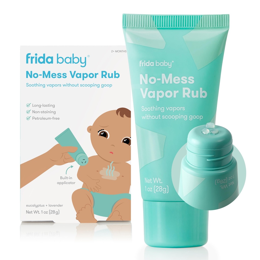 Frida Baby No-Mess Vapor Rub, Baby Vapor Rub for Chest, Neck, Back + Foot, Non-Medicated, Petroleum-Free, Hands-Free Applicator Tube, Non-Staining, Soothing Eucalyptus & Lavender for Sleep