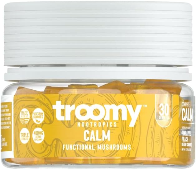 Troomy Reishi Calm Gummies Natural Pineapple Peach Flavor, Gelatin-Free, Gluten-Free, y Vegetariano - 30 Cuenta