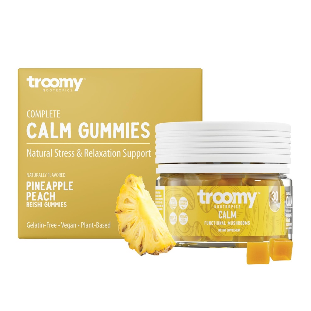 Troomy Reishi Calm Gummies Natural Pineapple Peach Flavor, Gelatin-Free, Gluten-Free, y Vegetariano - 30 Cuenta