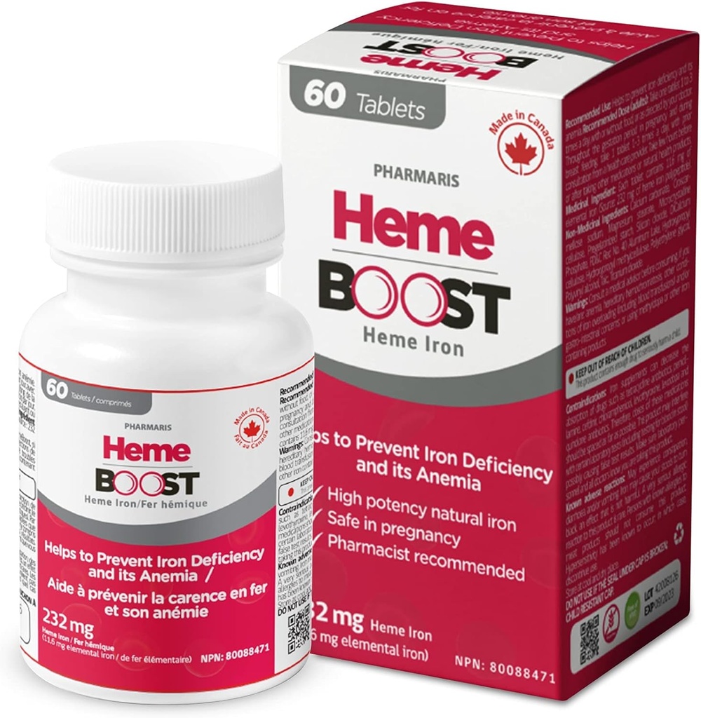 Hemeboost 11.6mg (232mg Heme Iron) I 60 Tablets ← High Potency Natural Iron Supplement I High Absorption > Gentle on Stomach I Iron Pills for Adults &amp; Safe for Use in Pregnancy