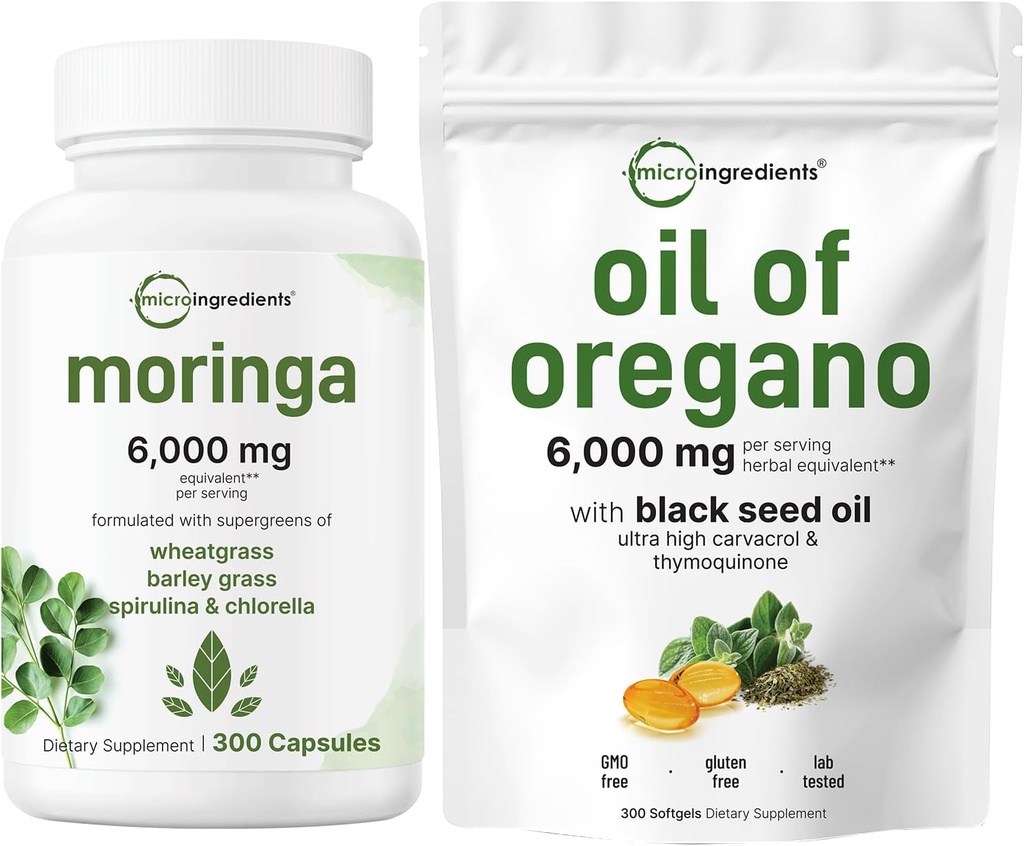 Micro Ingredientes Óleo de Oregano Softgels 300 Conde " Moringa Oleifera 6.000mg Equivalente 300 cápsulas Bundle 2 Pack ANTE Carvacrol " Thymoquinone ← Suplemento Antioxidante