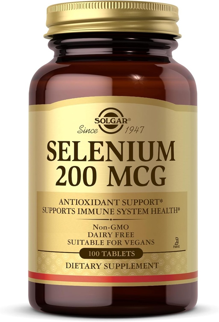 Solgar Selenium 200 mcg - 100 Tablets - Soportes Antioxidante &amp; Immune System Health - Non-GMO, Vegan, Dairy Free, Kosher - 100 Servings