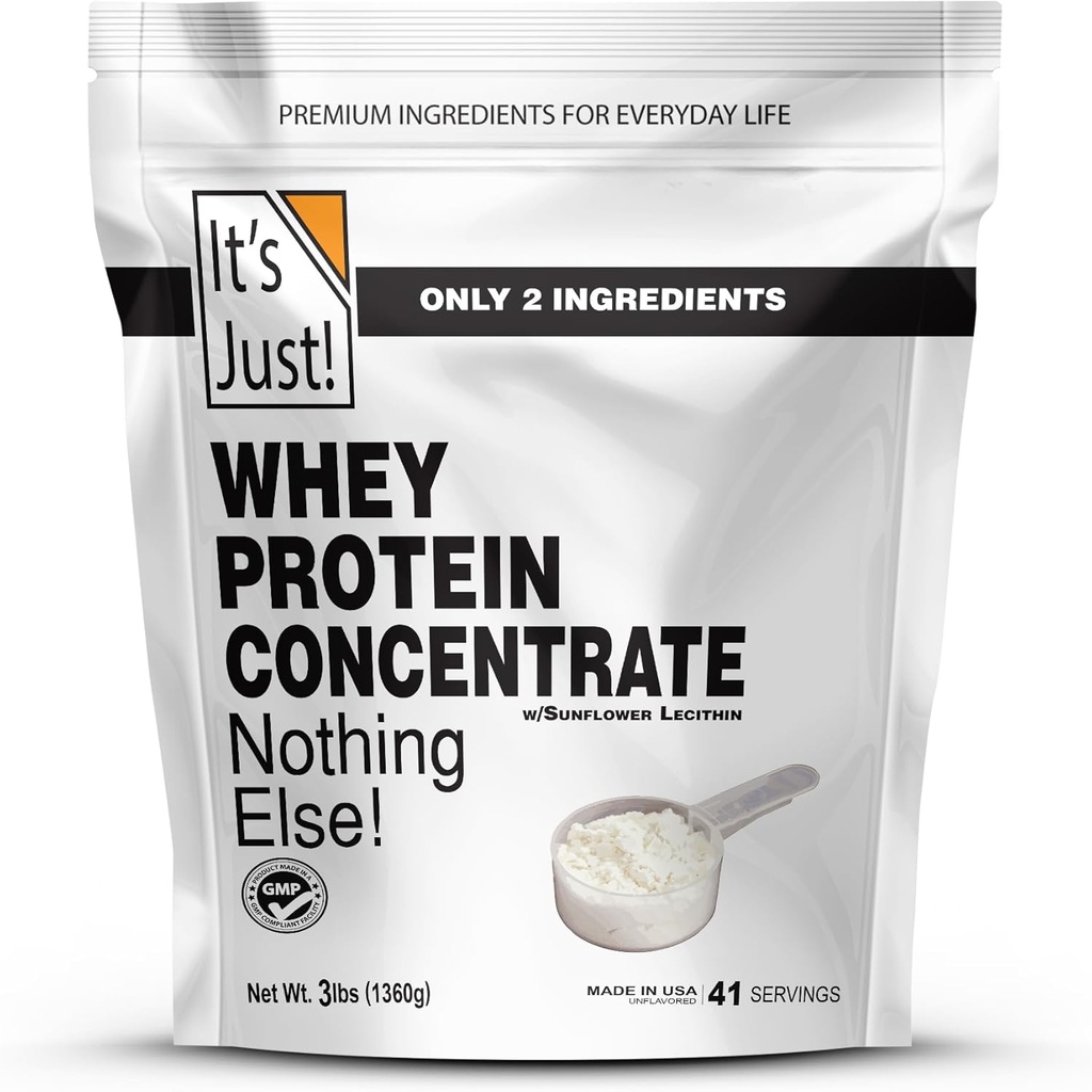 ¡Es sólo! - Concentrado de proteínas 100% Whey, Hecho en EE.UU., hormona rBGH/RBST gratis, Premium WPC-80, No hay sabores añadidos o dulces artificiales (3 libras, sin sabor)
