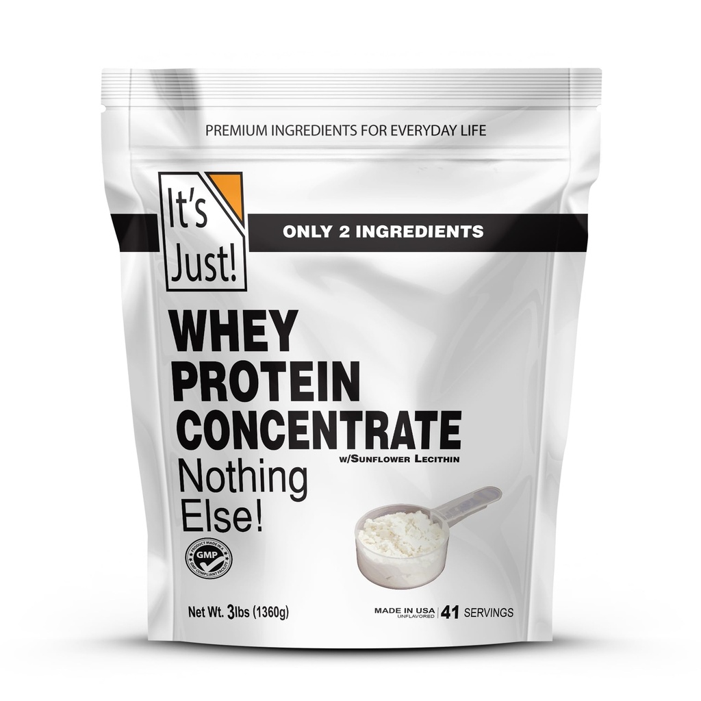 ¡Es sólo! - Concentrado de proteínas 100% Whey, Hecho en EE.UU., hormona rBGH/RBST gratis, Premium WPC-80, No hay sabores añadidos o dulces artificiales (3 libras, sin sabor)