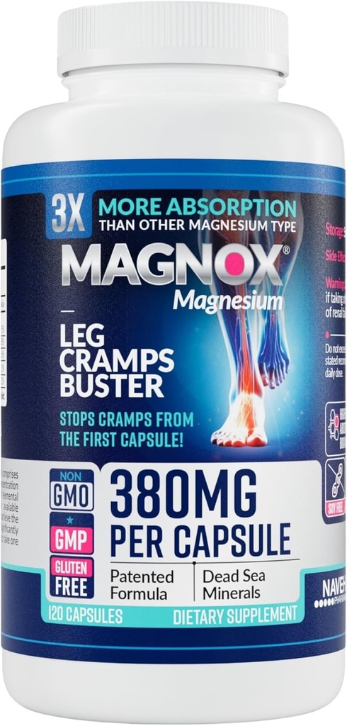 MAGNOX® Leg Cramps Buster  380mg Magnesium for Leg Cramps at Night TEN Magnesium Supplement for Muscle Spasms ANTE 3X Más Absorption  durable Dead Sea Minerals TENIDO Sleep &amp; Muscle ← 120 Caps