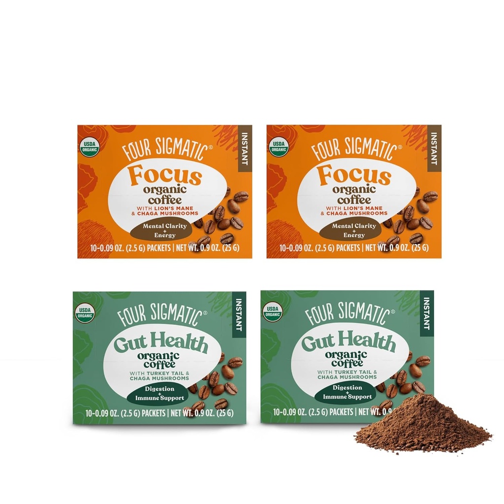Four Sigmatic Mushroom Coffee Mix Pack of 4 - Lion's Mane and Chaga & Cordyceps and Chaga - 10 Packets Per Box