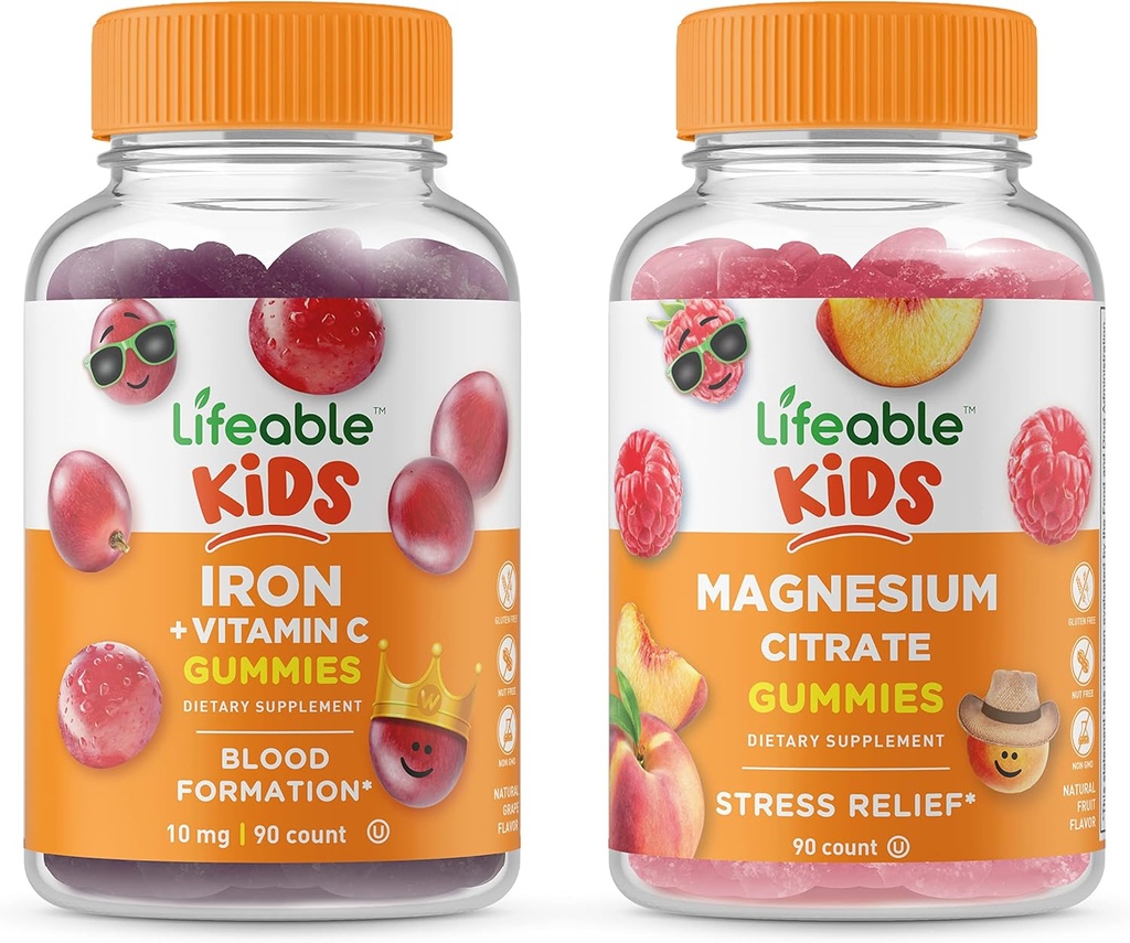 Citrate de Magnesio Lifeable Niños + Hierro &amp; Vitamina C Kids, Gummies Bundle - Gran Tasting, Suplemento de Vitamina, Gluten Free, GMO Free, Chewable Gummy