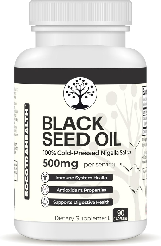 Black Seed Oil - 100% Cold-Presed Black Cumin Nigella Sativa - Antioxidante, Immune y sistema digestivo Soporte - No GMO, Gluten Gratis - 500 mg por Serving - 90 cápsulas Vegan