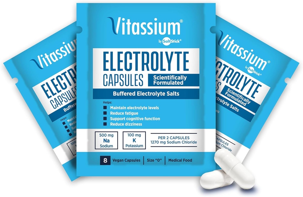 Cápsulas de Vitasio, Electrolitos para el manejo dietético de los síntomas del síndrome de POTS (500mg Sodium - 100mg Potasio), 240 Cápsulas de sal amortiguada
