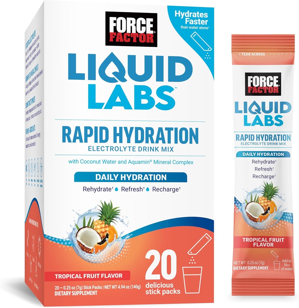 FORCE FACTOR Líquidos Laboratorios Electrolitos Empaquetaduras de Polvo – Frutas Trópicas – Packs de hidratación para hacer agua electrolítica, con 5 electrolitos esenciales, vitaminas, minerales y antioxidantes, 20 paquetes de palillos