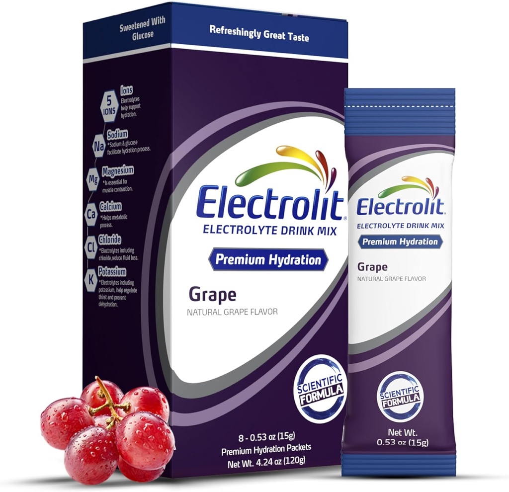 Electrolit Electrolytes Embalajes de Polvo, Paquete de Grape 8, Embalajes de hidratación para deshidratación y rehidratación, Post Workout Flavored Hydrating Drink Mix, Gluten Free Daily Water Enhancer Sticks