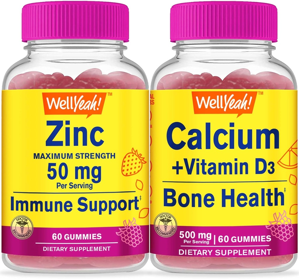 WellSí Zinc + Calcio + Vitamina D3, Gummies Bundle - Gran Tasting, Suplemento de vitamina, Gluten Gratis, GMO Gratis, Chewable Gummy